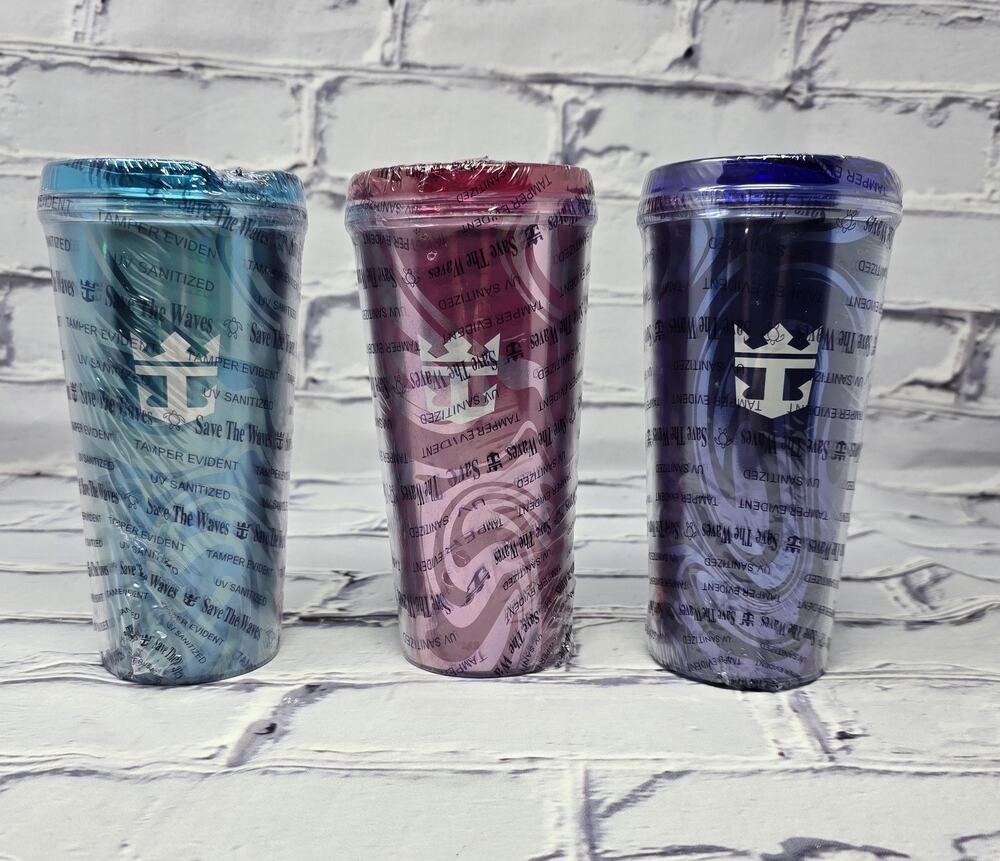 3 SEALED Royal Caribbean Cruise Soda Package Beverage Cups Tumbler RCCL--NEW
